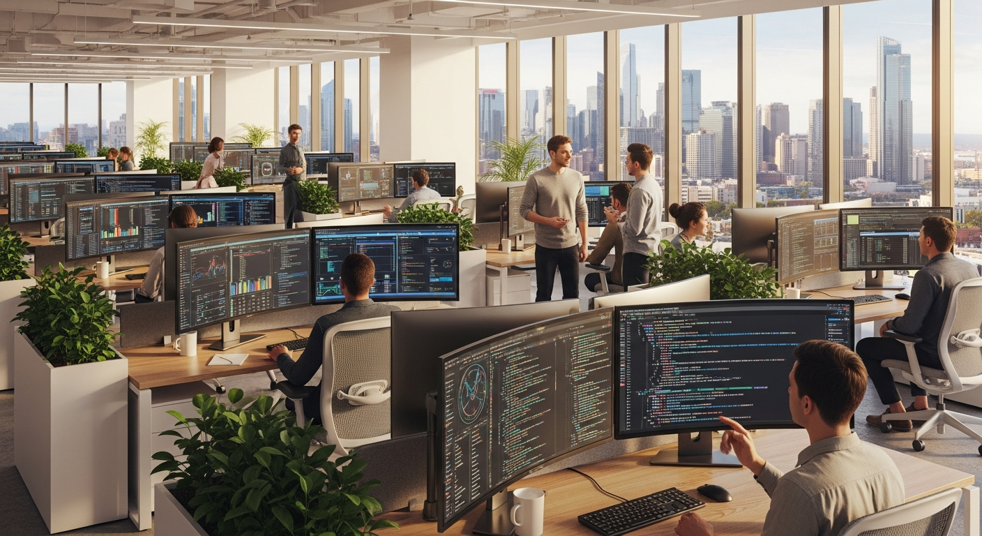 AI_IMAGE: A modern open-plan technology office with engineers collaborating around large monitors showing data dashboards and code editors, floor-to-ceiling windows with city view, green indoor plants, clean white and wood interior, warm natural lighting | photorealistic | landscape