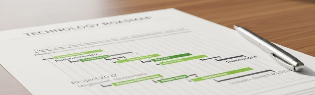 AI_IMAGE: A close-up of a printed technology roadmap document on a clean desk, showing a Gantt-style timeline with green highlighted milestones, a pen resting beside it, shallow depth of field with soft natural light | photorealistic | 16:9